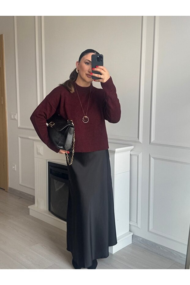 Women's Black Long Non-Stick Special Fabric Satin Skirt Maxi Satin Skirt