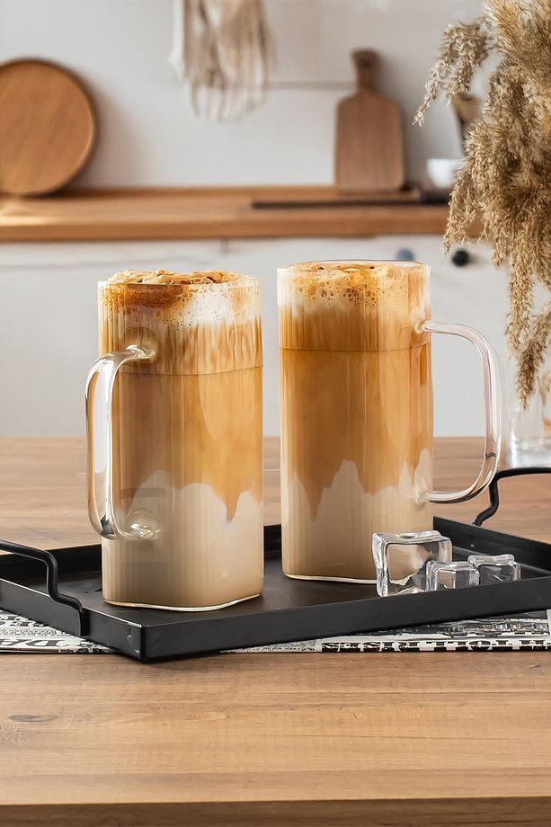 2li Borosilikat Isıya Dayanıklı Meşrubat Latte Kahve Su Bardağı Sunumluk Cam Kupa Bardak Seti 380 ml - 2