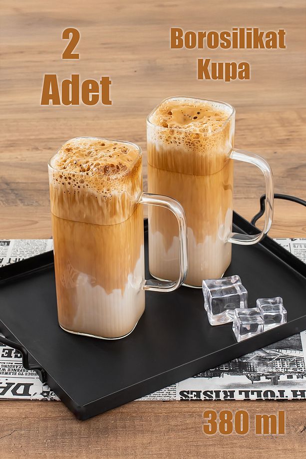 2li Borosilikat Isıya Dayanıklı Meşrubat Latte Kahve Su Bardağı Sunumluk Cam Kupa Bardak Seti 380 ml - 1