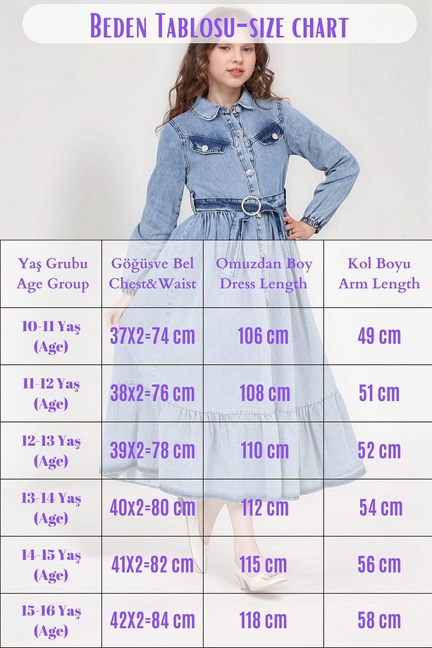 Genç Kız Denim Kot Kumaş Orta Kalınlıkta Çocuk Elbisesi - Şık ve Rahat Uzun Elbise - 3