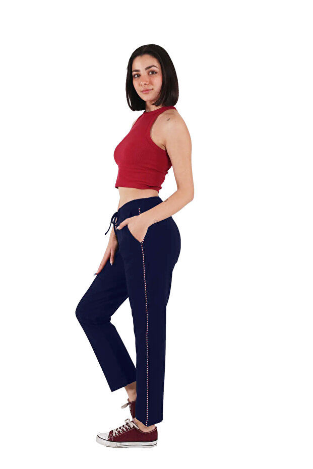 Women's Navy Blue High Waisted Side Stripe Sweatpants