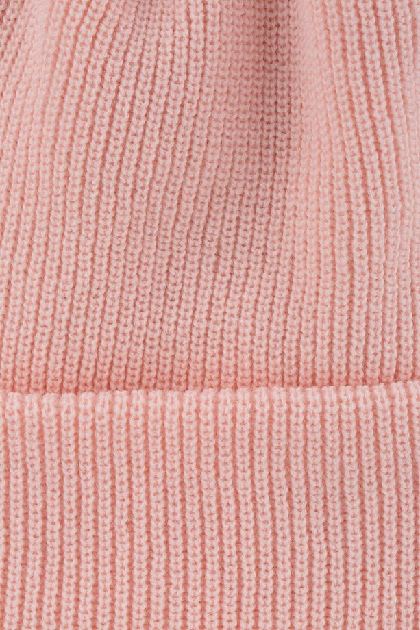 Unisex Açık Gül Triko Akrilik Düz Yumuşak Bere Logolu Esnek Kışlık Çift Katlamalı Basic Pumb - 3