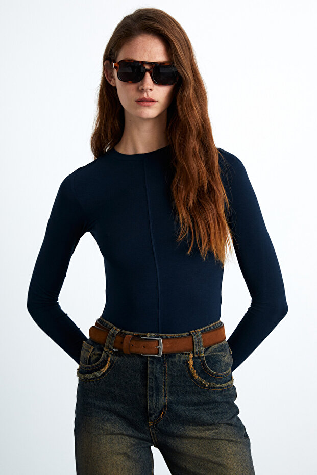 Yensı Women's Viscose Lycra Long Sleeve Navy Blue Blouse with Crew Neck Front Stitching Detail