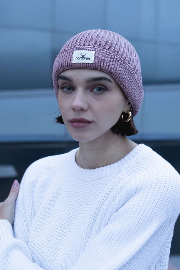 Unisex Açık Gül Yumuşak Pamuklu Bere Düz Esnek Çift Katlamalı Kışlık Logolu Basic Triko Cuat - 1