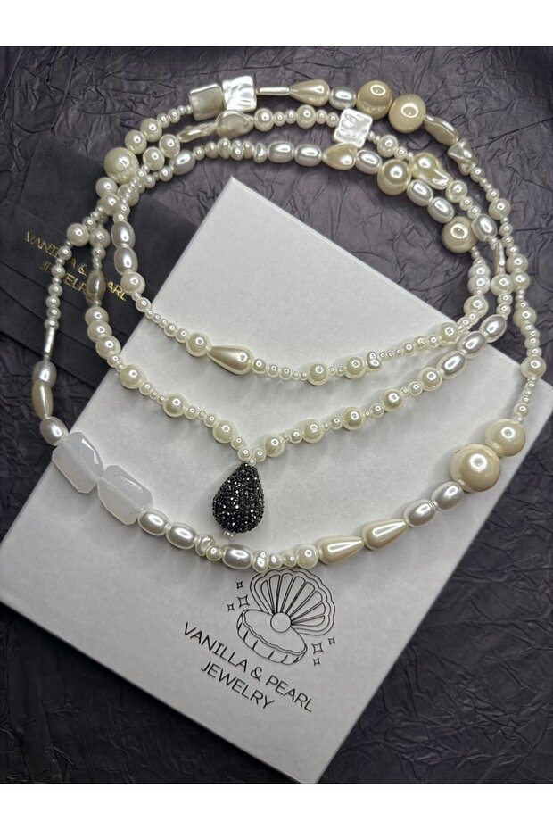 İnci Detaylı Taşlı Uzun Kolye - 3