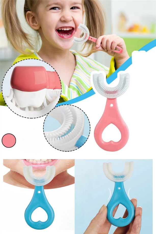 Çocuk Diş Fırçası U Şeklinde Pratik Bebek Diş Fırçası Saplı 2-6 Yaş PEMBE 360 Derece Dönebilen - 1