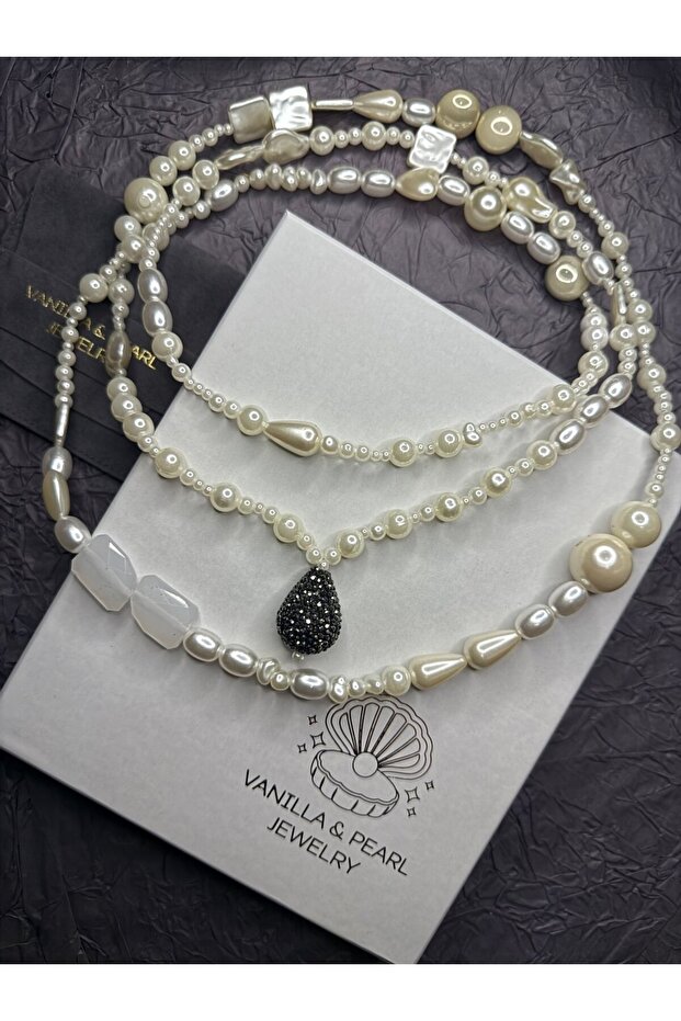 İnci Detaylı Taşlı Uzun Kolye - 1