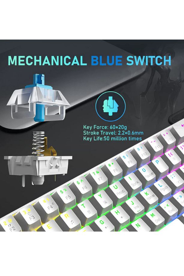 T60 Mavi Switch Mekanik Beyaz Klavye Kablolu Gaming Driverli Oyuncu Klavyesi T60 Mini Q Klavye - 7