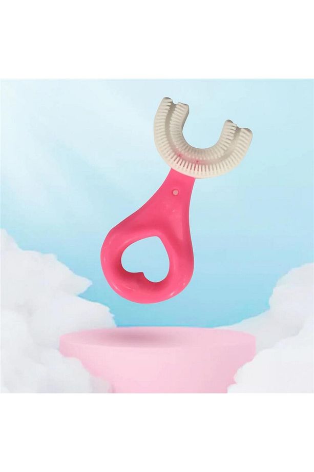 Çocuk Diş Fırçası U Şeklinde Pratik Bebek Diş Fırçası Saplı 2-6 Yaş PEMBE 360 Derece Dönebilen - 4