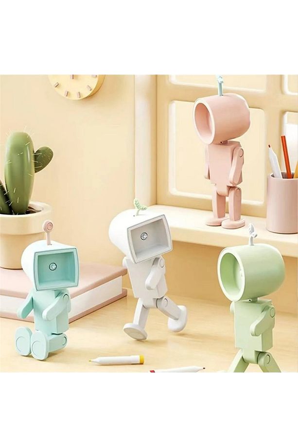 Robot Şeklinde Masa Üstü Lamba ve Telefon Tutacağı Kare Şekilli Sarı Lambalı - 3
