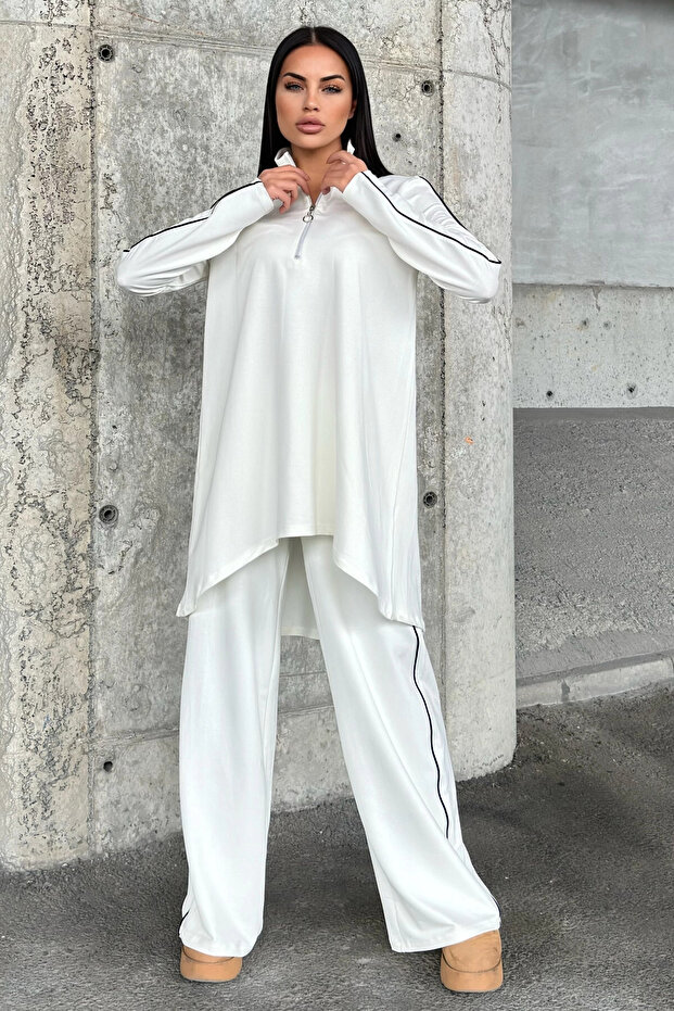 Ecru Asymmetrical Cut, Zippered Blouse & Wide Leg Pants - Viscose Two Yarn Fabric Top & Bottom Set
