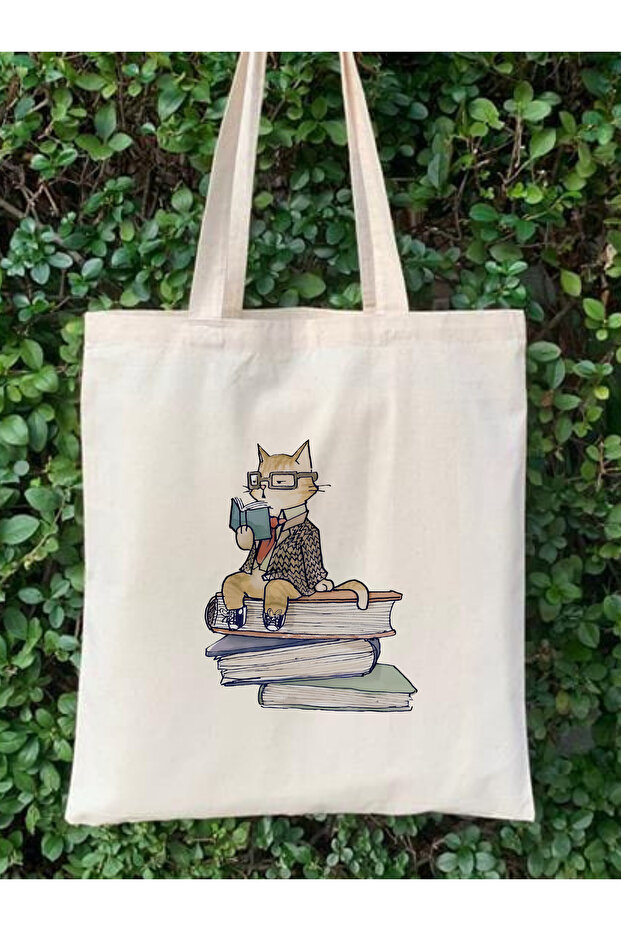 Cat and Books Raw Cloth Tote Bag, Pinterest Bag, Book Bag