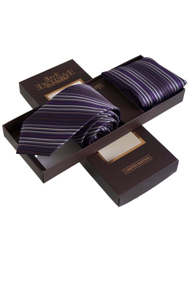 Purple Beige Brown Striped Gift Boxed Tie Handkerchief Set