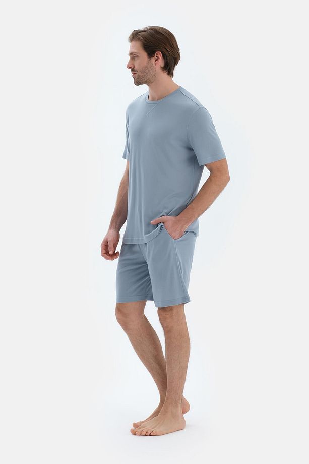 Mavi Dikiş Detaylı Kısa Kollu Tişört Şort Pijama Takımı - 3