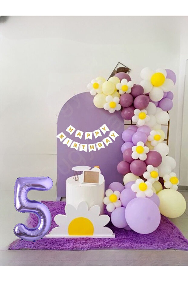 Purple Color Daisy Themed 5 Year Old Birthday Party Celebration Set