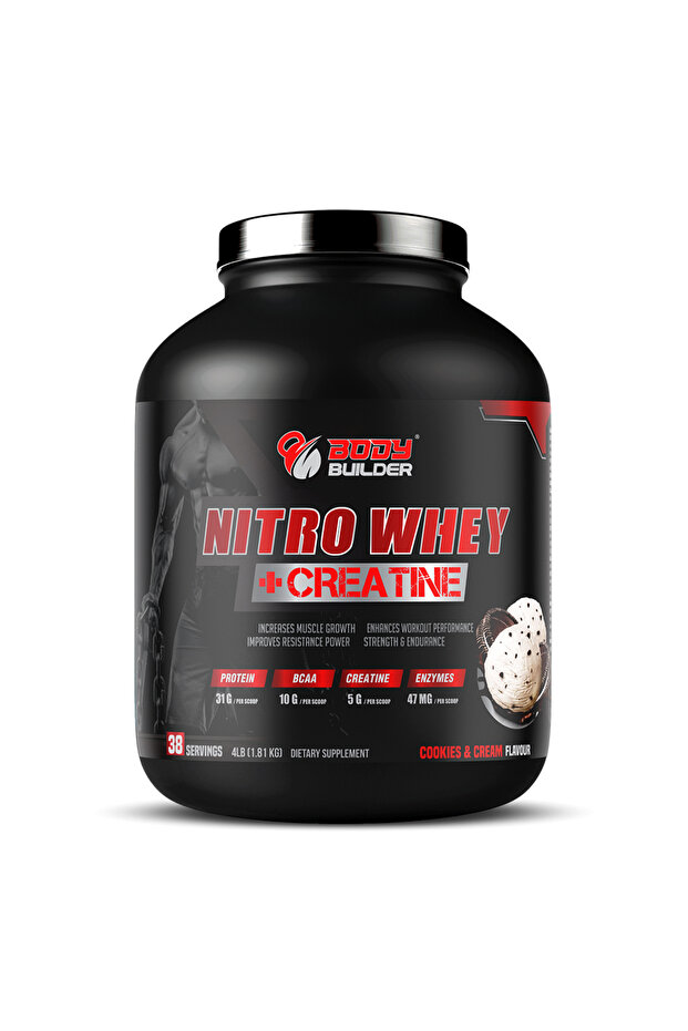 Nitro Whey + Creatine - 31g Whey Protein, 5g Creatine, 10g BCAA, for Lean Gains, Energy Boost, Cookies and Cream, 4 LB