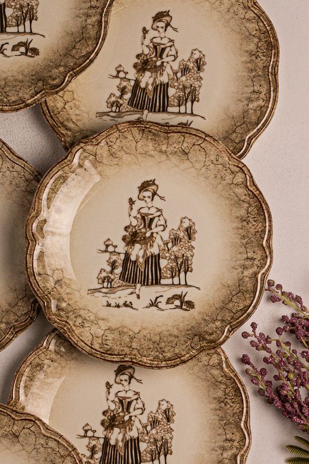 Retro - 6 Parça Porselen Kahvaltı Takımı Pasta Seti Pasta Tabağı Tatlı Tabağı Kahvaltılık Tabak 21cm - 4