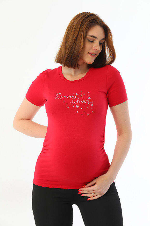 Red Maternity Blouse Special Design Printed Glitter Detailed Cotton Stretchy Fabric