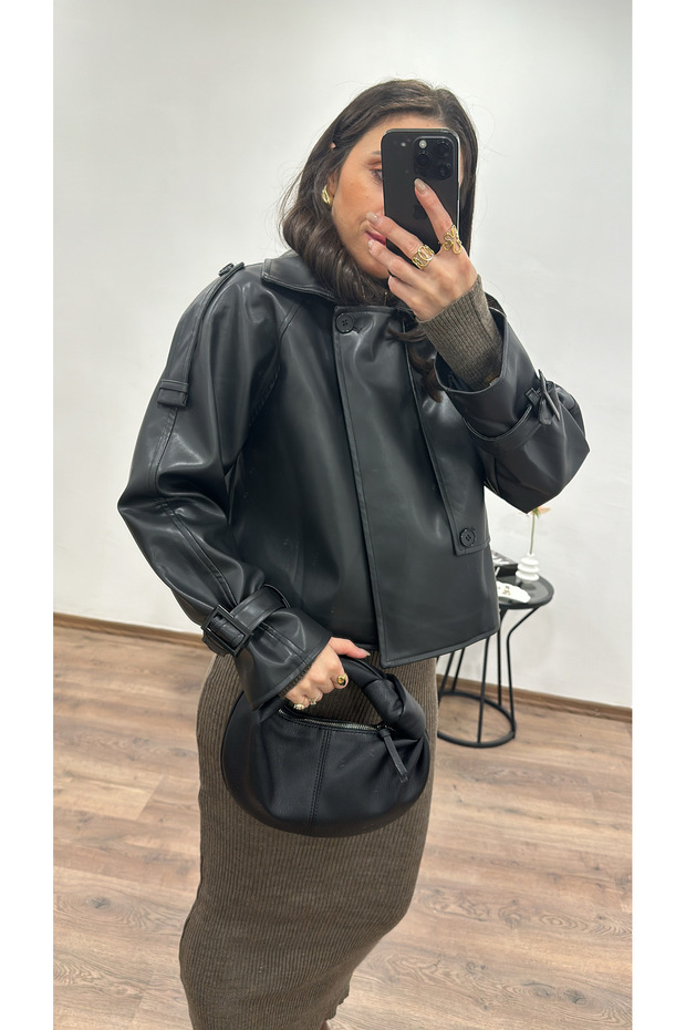 Suni Deri Kısa Ceket - 5