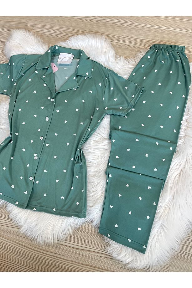 Mint Yeşili Kalp Desenli Kısa Kol Gömlek Yaka Örme Pijama Takımı - 8