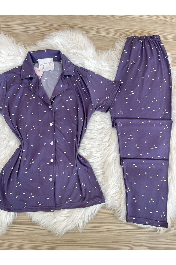 Mor Mini Kalp Desenli Kısa Kol Gömlek Yaka Örme Pijama Takımı - 8