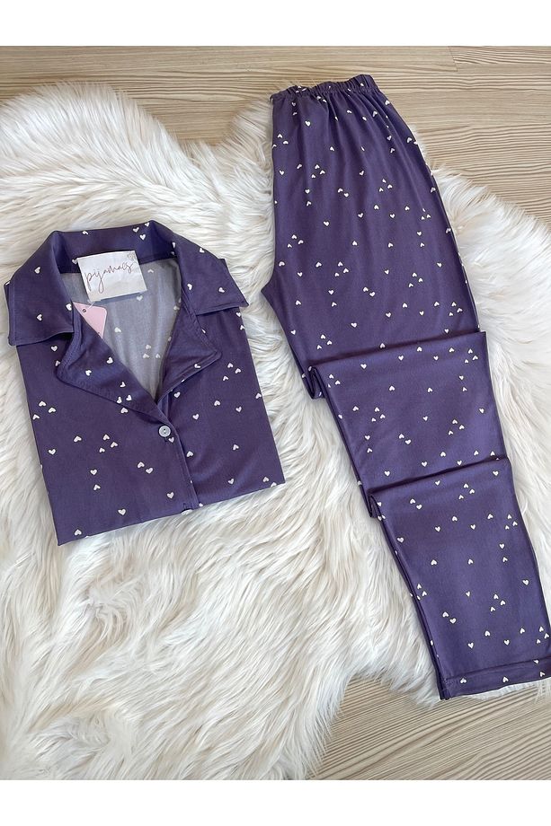 Mor Mini Kalp Desenli Kısa Kol Gömlek Yaka Örme Pijama Takımı - 2