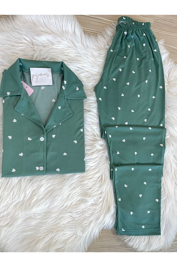 Mint Yeşili Kalp Desenli Kısa Kol Gömlek Yaka Örme Pijama Takımı - 3