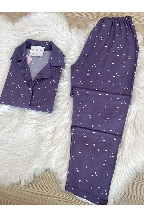 Mor Mini Kalp Desenli Kısa Kol Gömlek Yaka Örme Pijama Takımı - 4