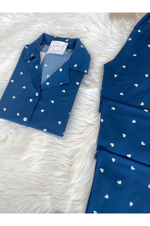 Lacivert Kalp Desenli Kısa Kol Gömlek Yaka Örme Pijama Takımı - 5