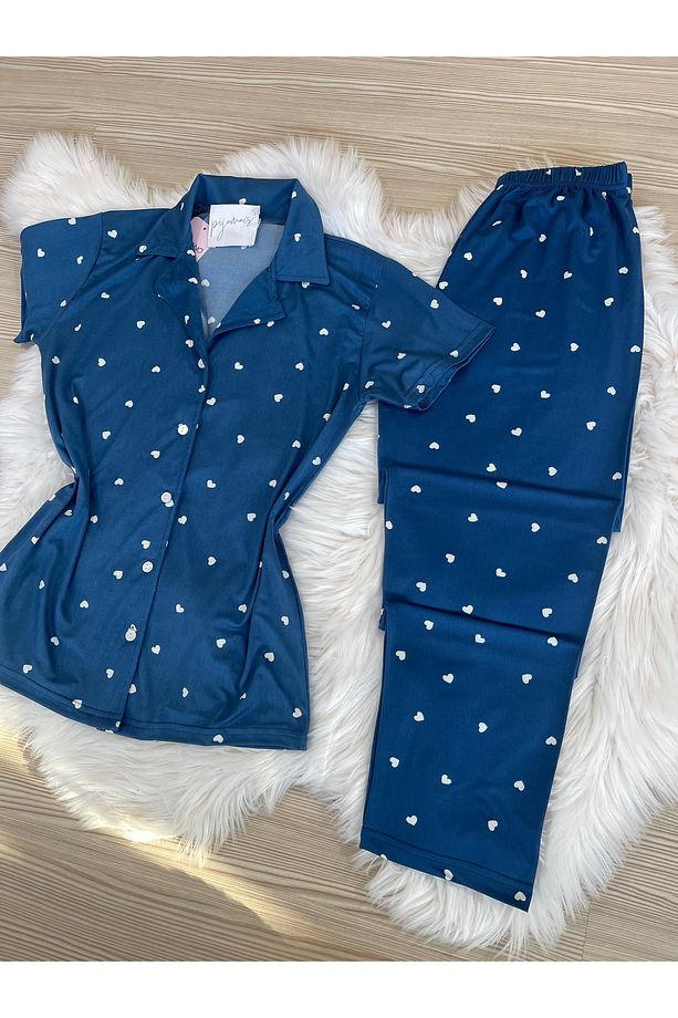 Lacivert Kalp Desenli Kısa Kol Gömlek Yaka Örme Pijama Takımı - 7