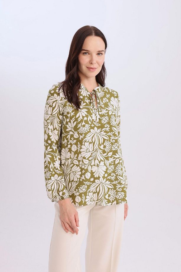 Regular Fit Bağcıklı Yaka Çiçek Desenli Uzun Kollu Bluz N1809az25sp - 1