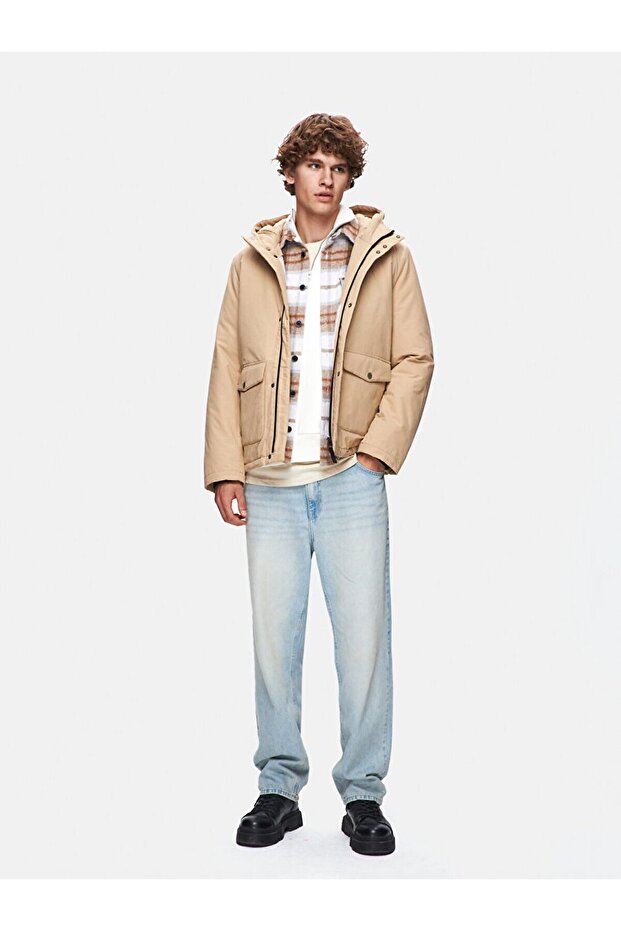 Kapüşonlu Şişme Bej Mont - 1