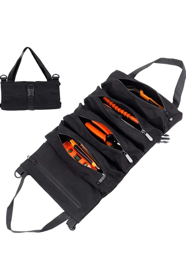 black Tool Roll,Multi-Purpose Roll Up Tool Bag,Wrench Roll,Canvas Tool Organizer Bucket,Car First Ai - 1