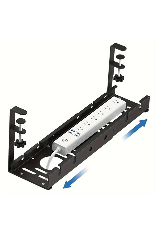 صينية كابلات معدنية قابلة للتمديد تحت المكتب بدون حفر باللون الأسود مع مشبك قابل للتمديد تحت المكتب