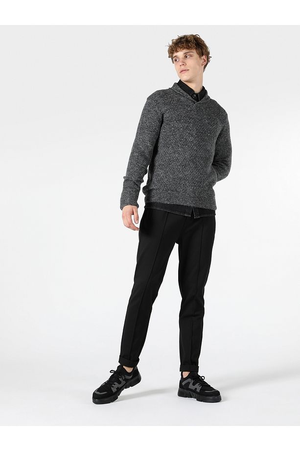 Regular Fit Sal Yaka Erkek Gri Kazak - 3