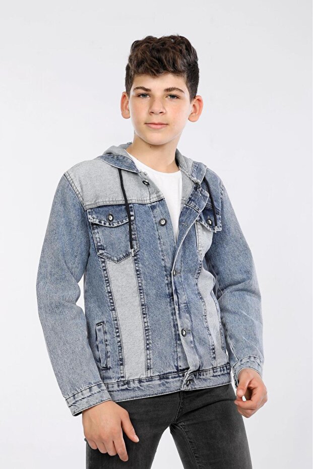 % 100 Pamuk-Kot İki Renkli-Kar Yıkama-Bağcıklı-Ön 4 Cepli-Apoletli-Kapüşonlu-Erkek Çocuk Ceketi - 1