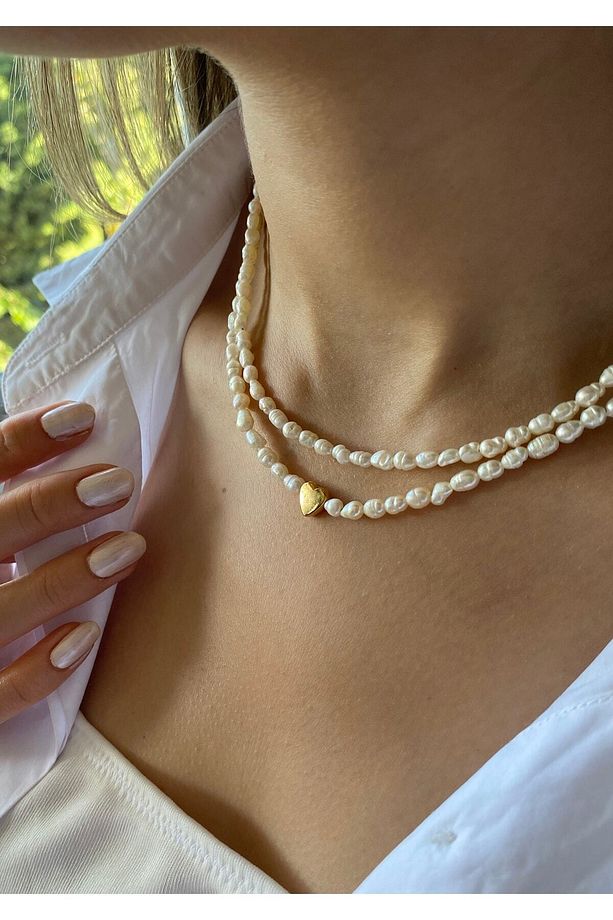 Kadın Gerçek Kum Arpa Inci Kolye Choker Ve Kalp Inci Kolye Seti , Sevgililer Günü Hediyesi Için - 1