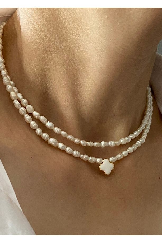 Gerçek Kum Arpa Inci Kolye Choker Ve Mineli Tiffany Stil Yonca Inci Kolye Seti , Yılbaşı Hediyesi - 2