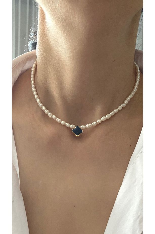 Gerçek Kum Arpa Inci Kolye Choker Ve Mineli Tiffany Stil Yonca Inci Kolye Seti , Yılbaşı Hediyesi - 5