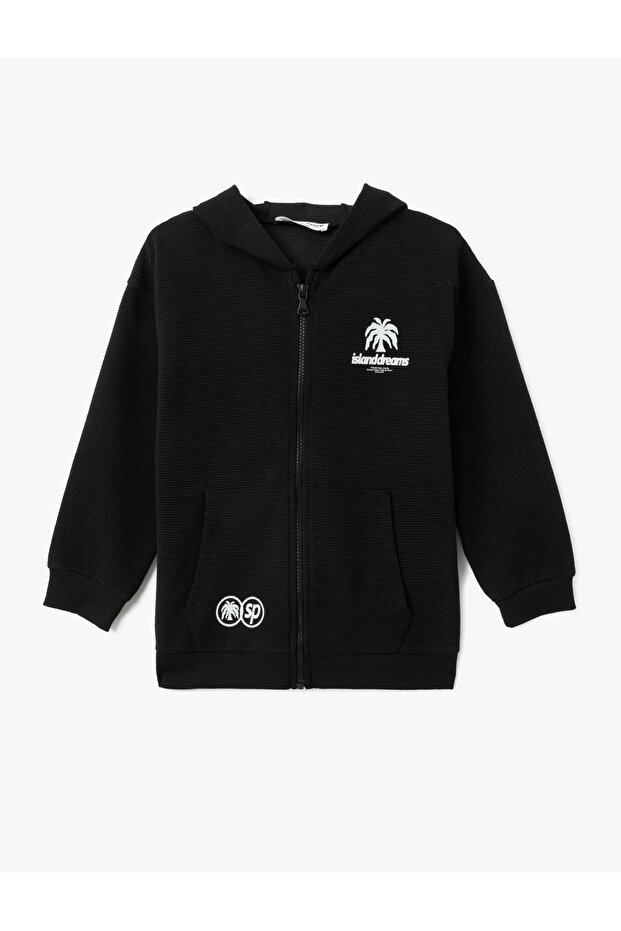 Palm Print Detailed Hooded Zippered Sweatshirt