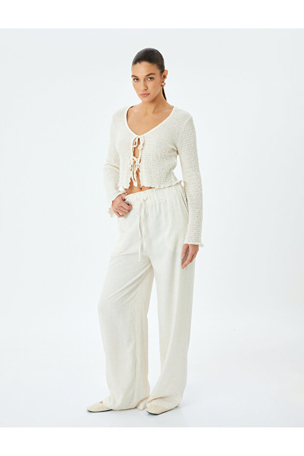 Linen Viscose Beige Women's Trousers with Pockets 5Sak40026Pw