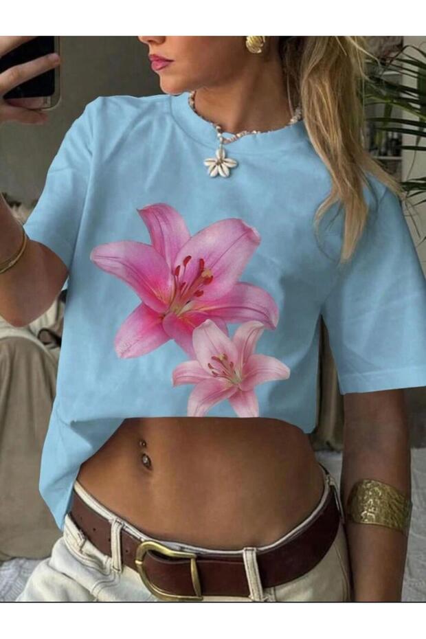 Women's Baby Blue Oversize Double Flower Printed Trend T-Shirt
