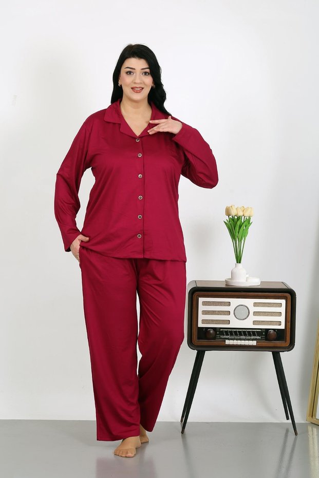 Women's Plus Size Cotton Pocket Buttoned Cherry Pajamas Set 202504