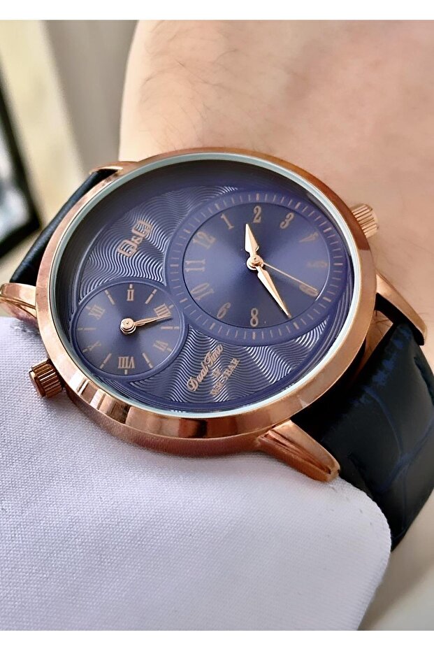 Men's Rose Gold Black Leather Cord Wristwatch - Elegant Design with Dual Time Feature