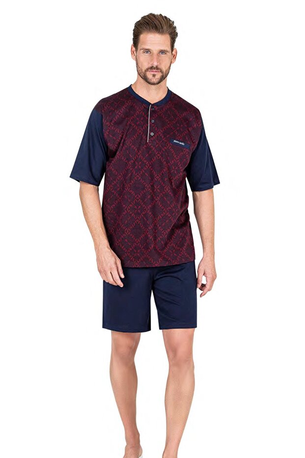 6054 Men's Claret Red Short Sleeve 3-Piece Jacquard Pajama Set