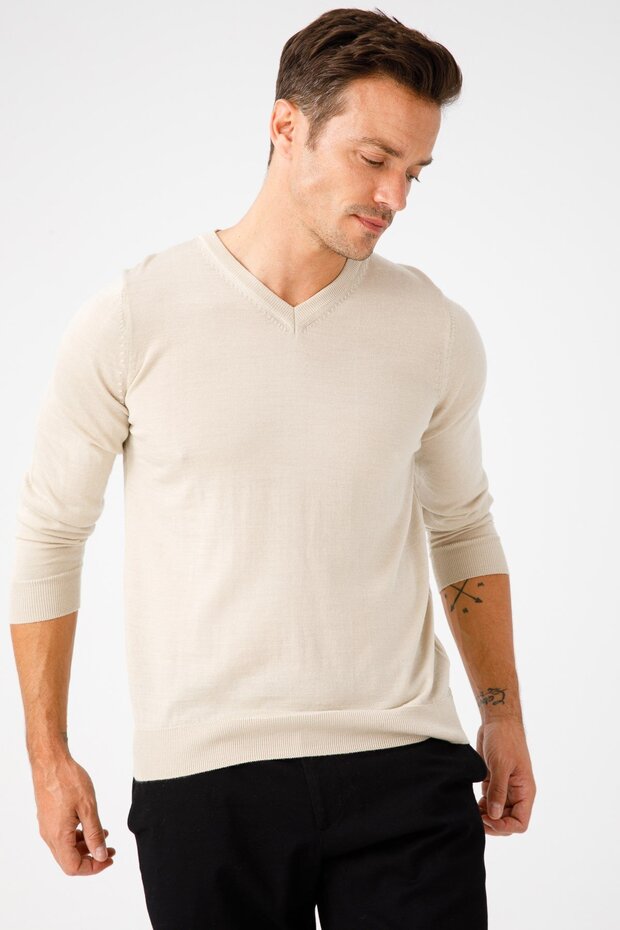 Erkek Basic V Yaka Ince Triko Kazak Bej - 3