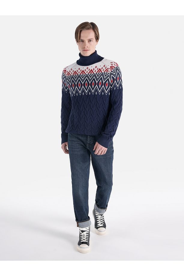 Regular Fit Turtle Neck Jakarlı Erkek Lacivert Kazak Cl1066425 - 3