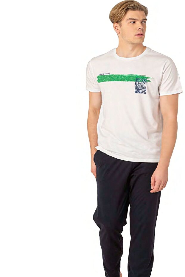 6077 Men's White Short Sleeve Round Neck Combed Cotton Pajamas Set
