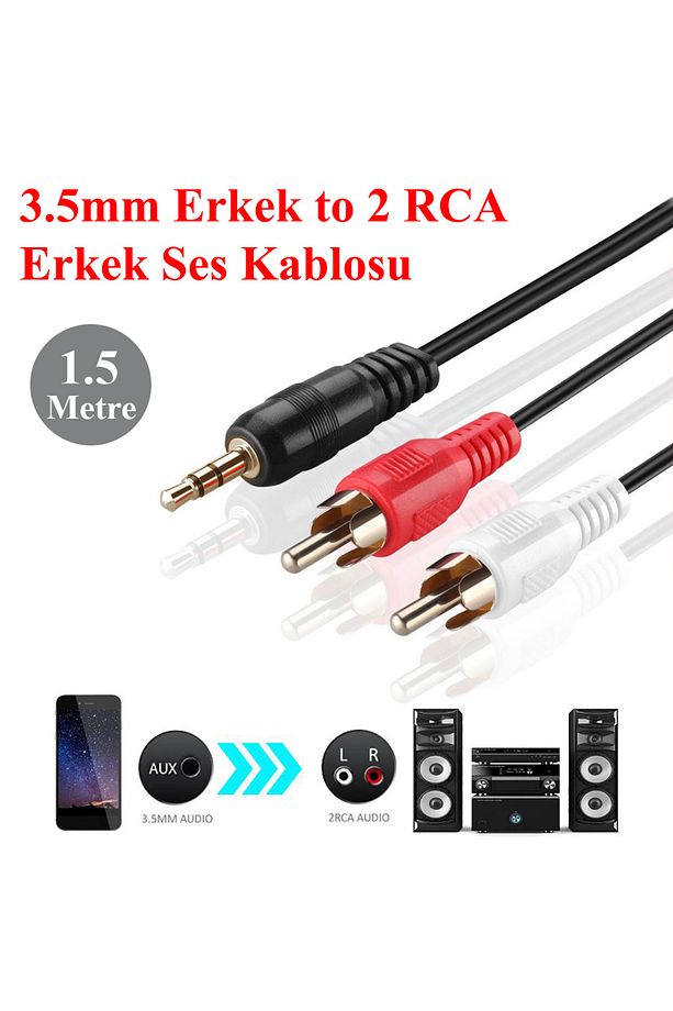 1.5 Metre Siyah Stereo To Rca Kablo 2+1 - 5+1 Bilgisayar Pc Ses Kablosu 3.5 Mm Jak Renkli Kablo - 1