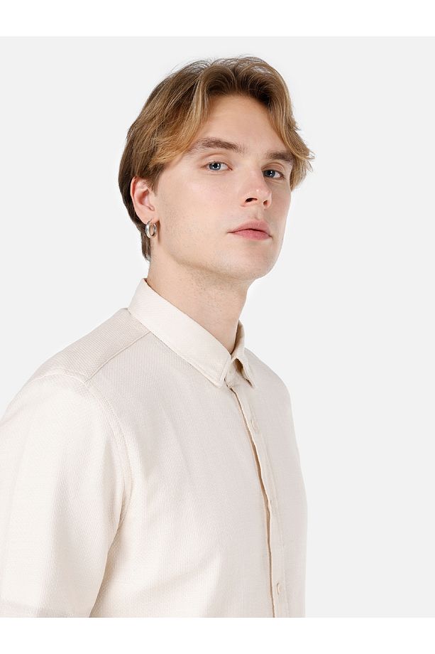 Slim Fit Shirt Neck Düz Erkek Bej Uzun Kol Gömlek - 4